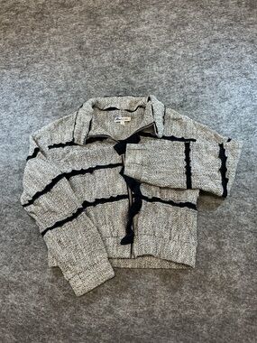 Dimple Hsu Black White Woven Textured Moto Neck Thatched Zippered Sweater A31